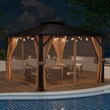 Costway 12' x 12' Double-Roof Patio Hardtop Gazebo w/ Galvanized Steel Roof Netting Curtains Coffee 81269547 New
