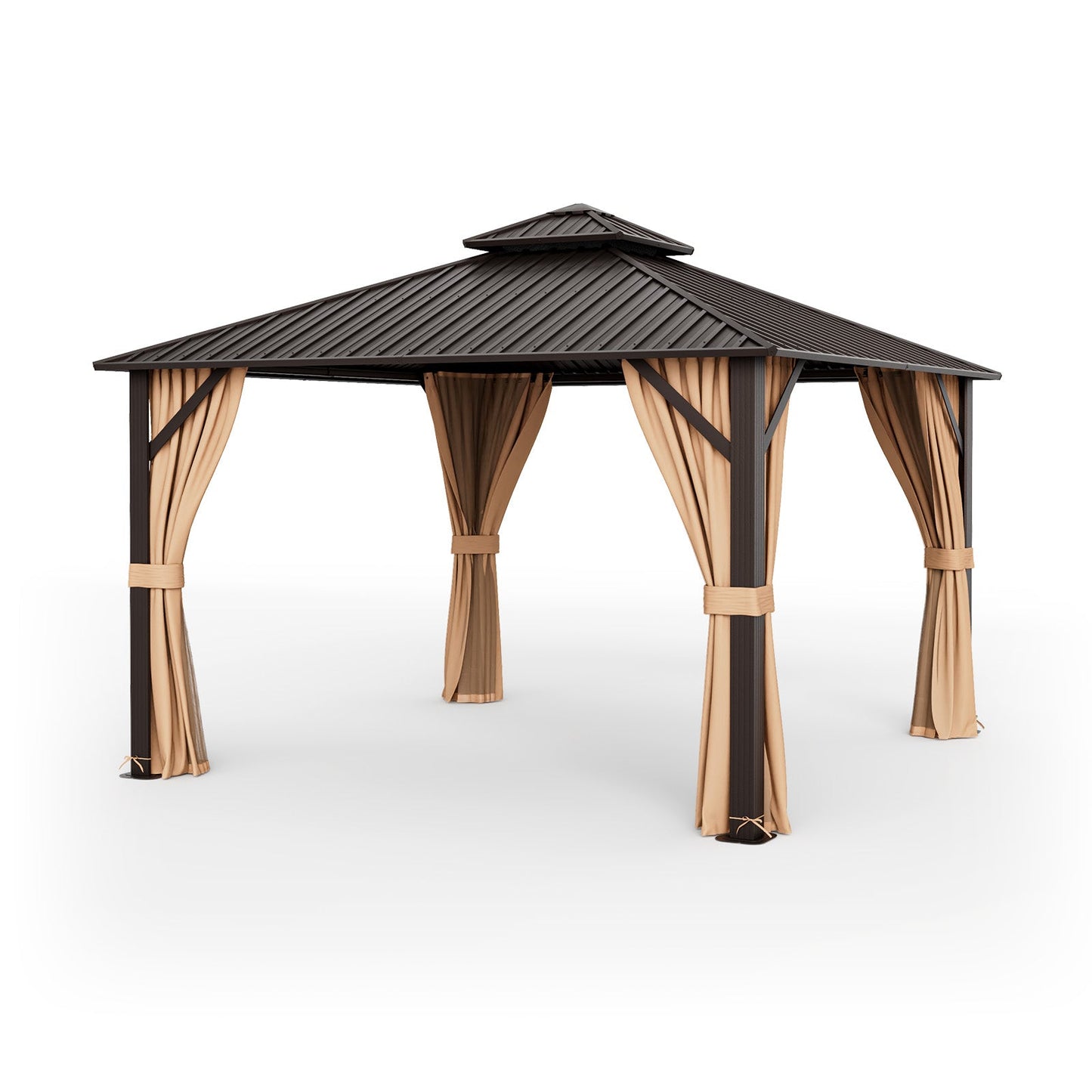 Costway 12' x 12' Double-Roof Patio Hardtop Gazebo w/ Galvanized Steel Roof Netting Curtains Coffee 81269547 New