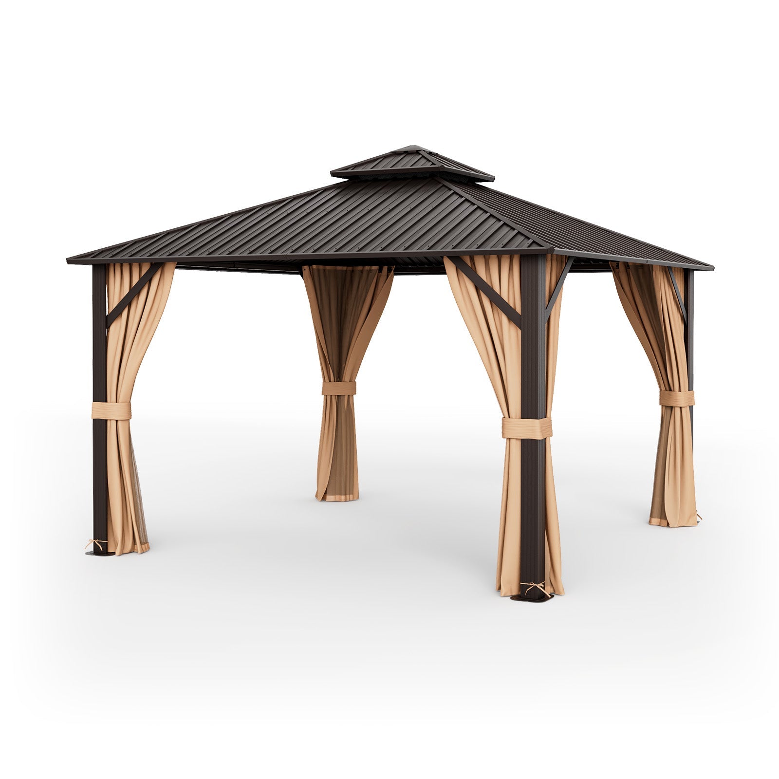 Costway 12' x 12' Double-Roof Patio Hardtop Gazebo w/ Galvanized Steel Roof Netting Curtains Coffee 81269547 New