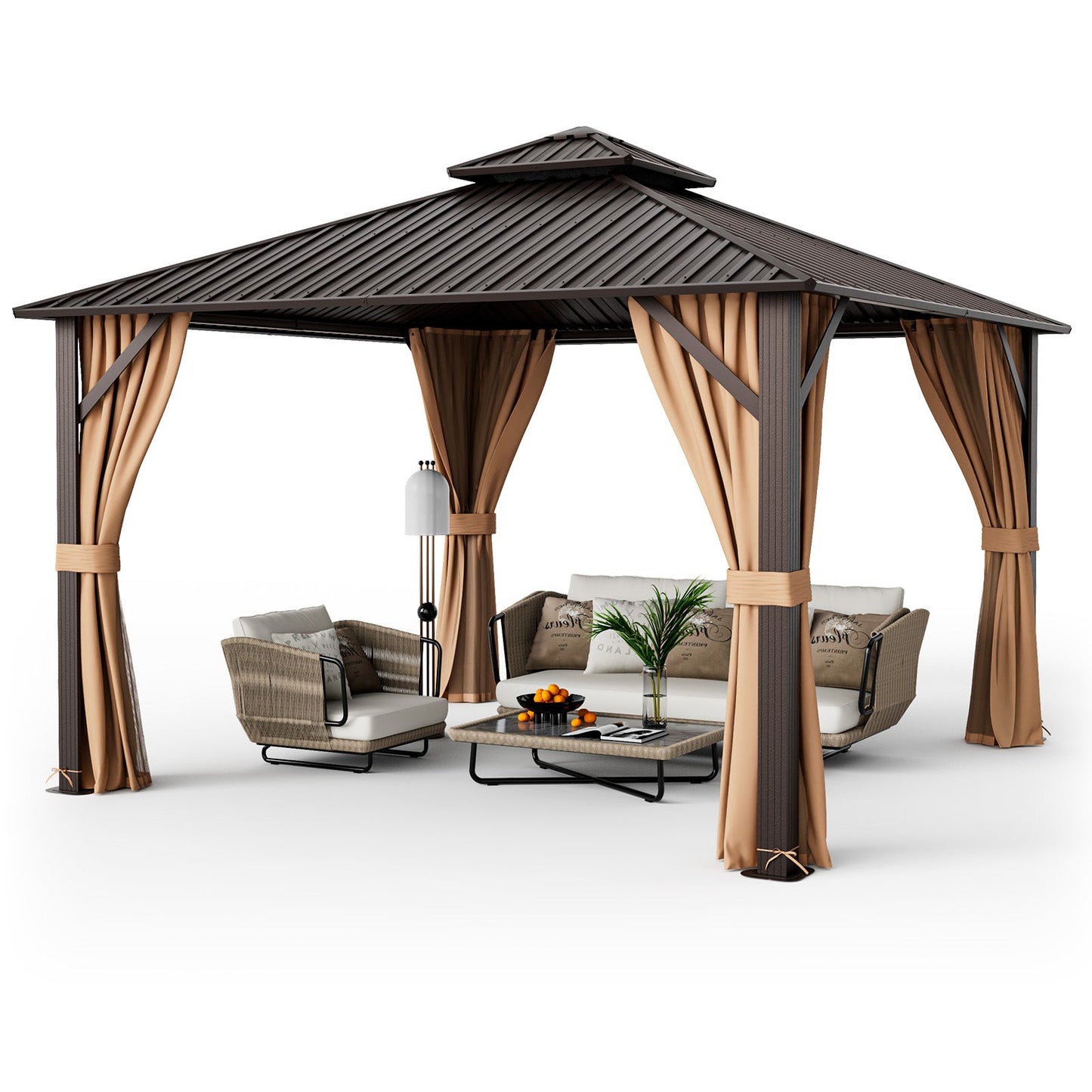 Costway 12' x 12' Double-Roof Patio Hardtop Gazebo w/ Galvanized Steel Roof Netting Curtains Coffee 81269547 New