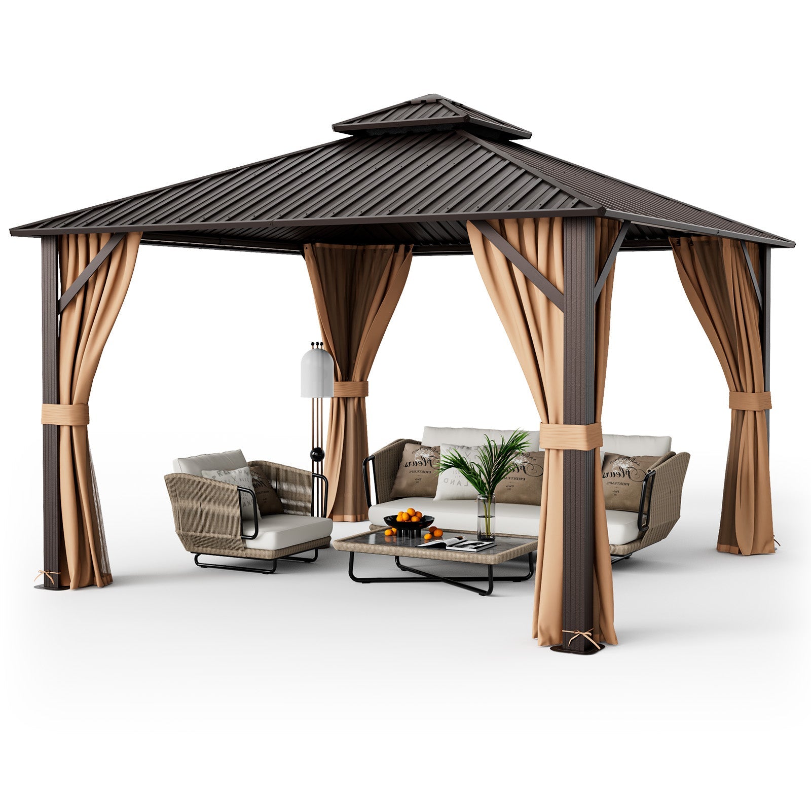 Costway 12' x 12' Double-Roof Patio Hardtop Gazebo w/ Galvanized Steel Roof Netting Curtains Coffee 81269547 New