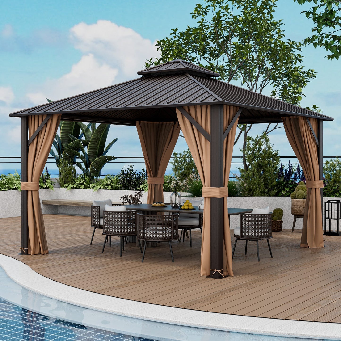 Costway 12' x 12' Double-Roof Patio Hardtop Gazebo w/ Galvanized Steel Roof Netting Curtains Coffee 81269547 New