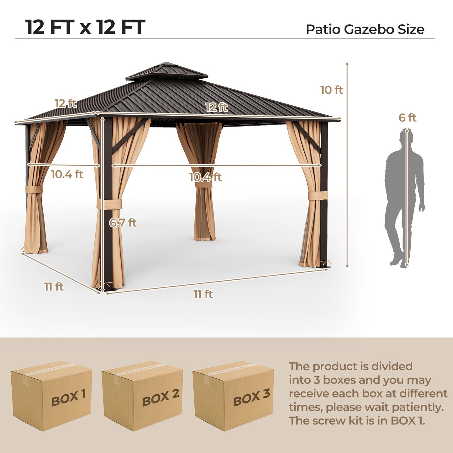Costway 12' x 12' Double-Roof Patio Hardtop Gazebo w/ Galvanized Steel Roof Netting Curtains Coffee 81269547 New