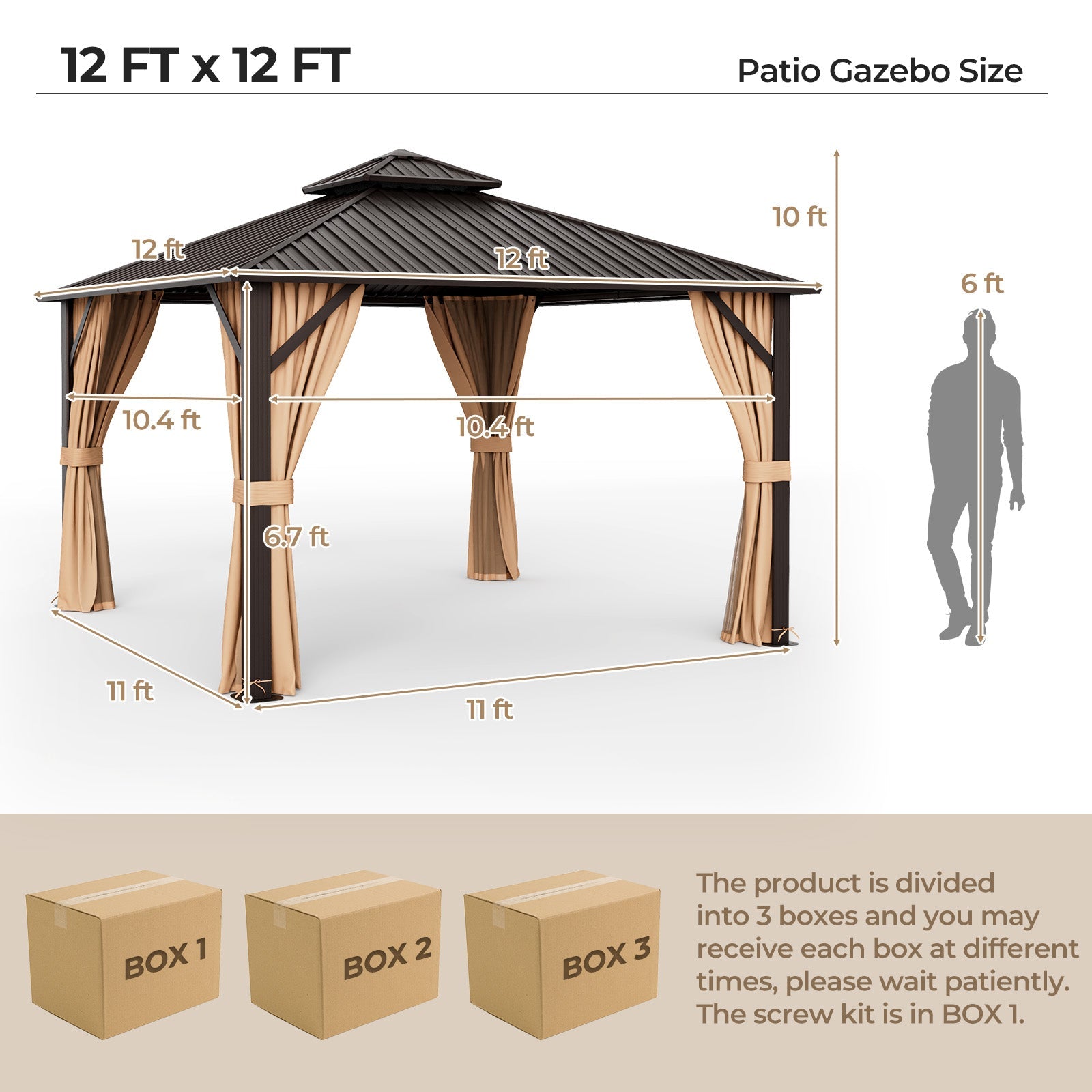 Costway 12' x 12' Double-Roof Patio Hardtop Gazebo w/ Galvanized Steel Roof Netting Curtains Coffee 81269547 New