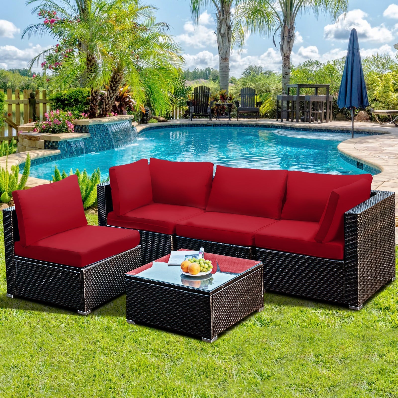 Costway 5-Piece Cushioned Patio Rattan Sofa Set with Glass Table Turquoise 80457192 New
