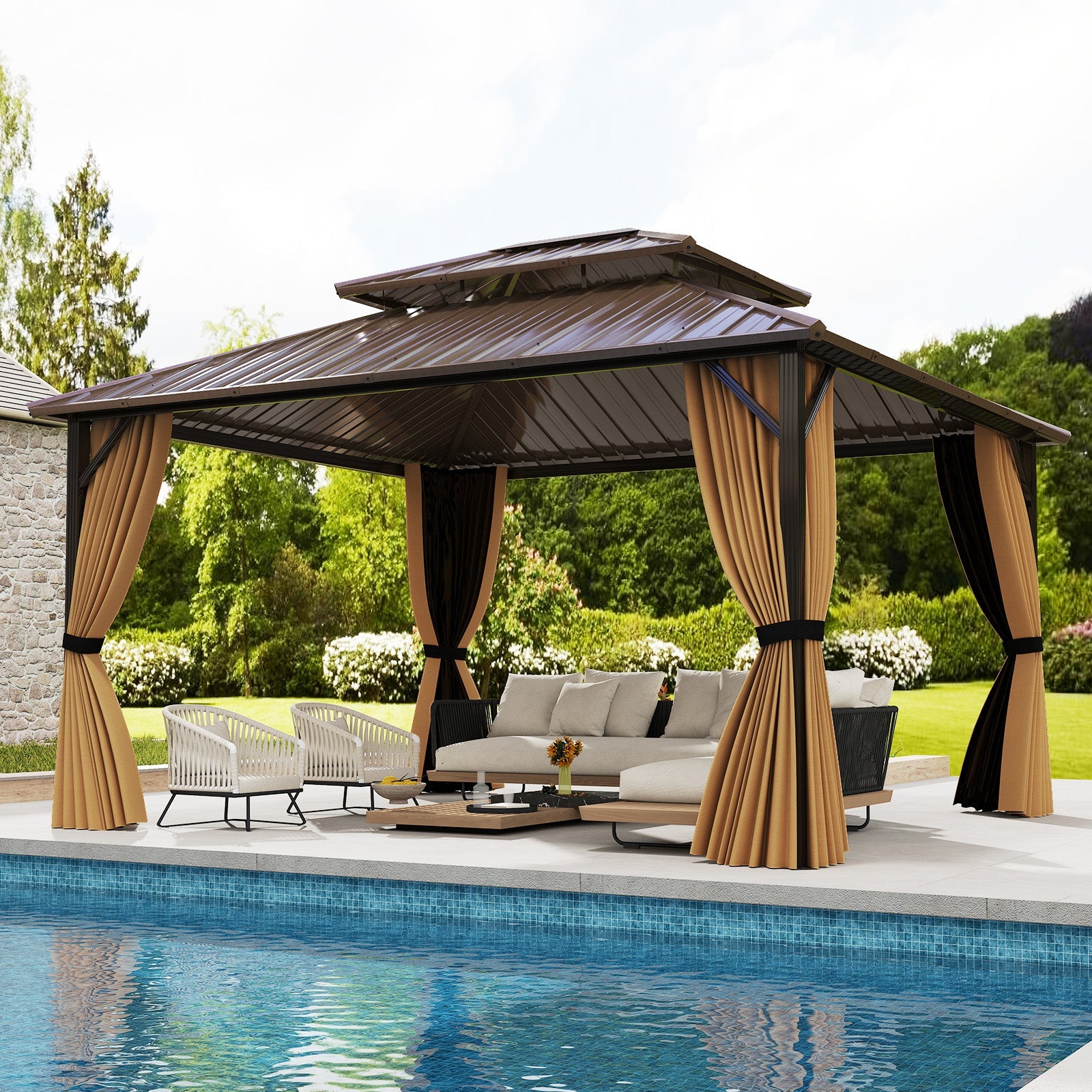 Costway 14' x 12' Hardtop Gazebo Outdoor Pergola Patio Garden Party Tent Coffee 794325618 New