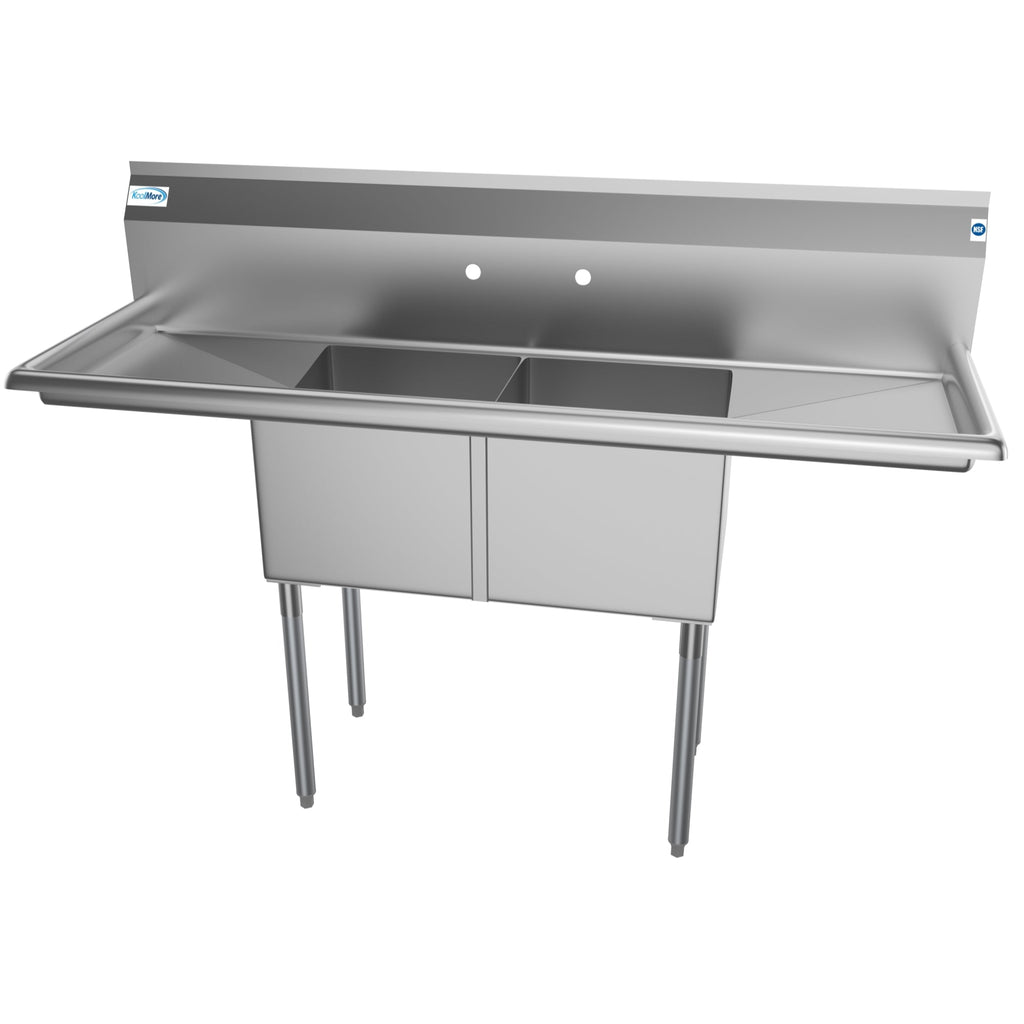 60 in. Two Compartment Stainless Steel Commercial Sink with 2 Drainboards, Bowl Size 15"x 15"x 12"