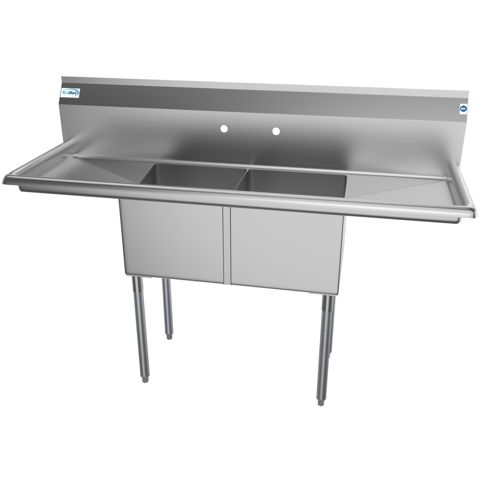 60 in. Two Compartment Stainless Steel Commercial Sink with 2 Drainboards, Bowl Size 15"x 15"x 12"