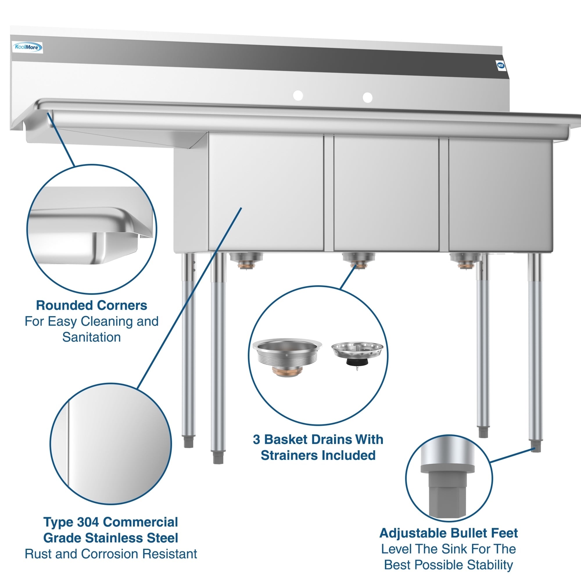 55 in. Three Compartment Stainless Steel Commercial Sink with Drainboard, Bowl Size 12"x 16"x 10"