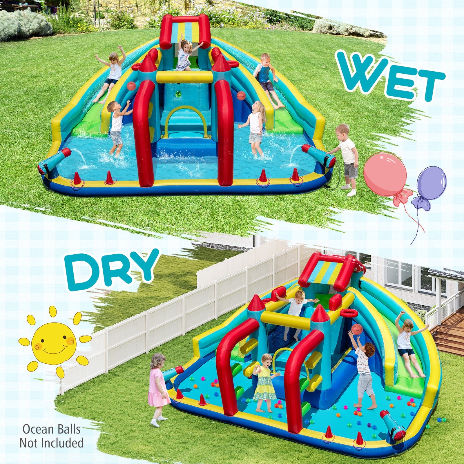 Costway Inflatable Double Water Slide Park Obstacle Course 680W Blower 18130534 New