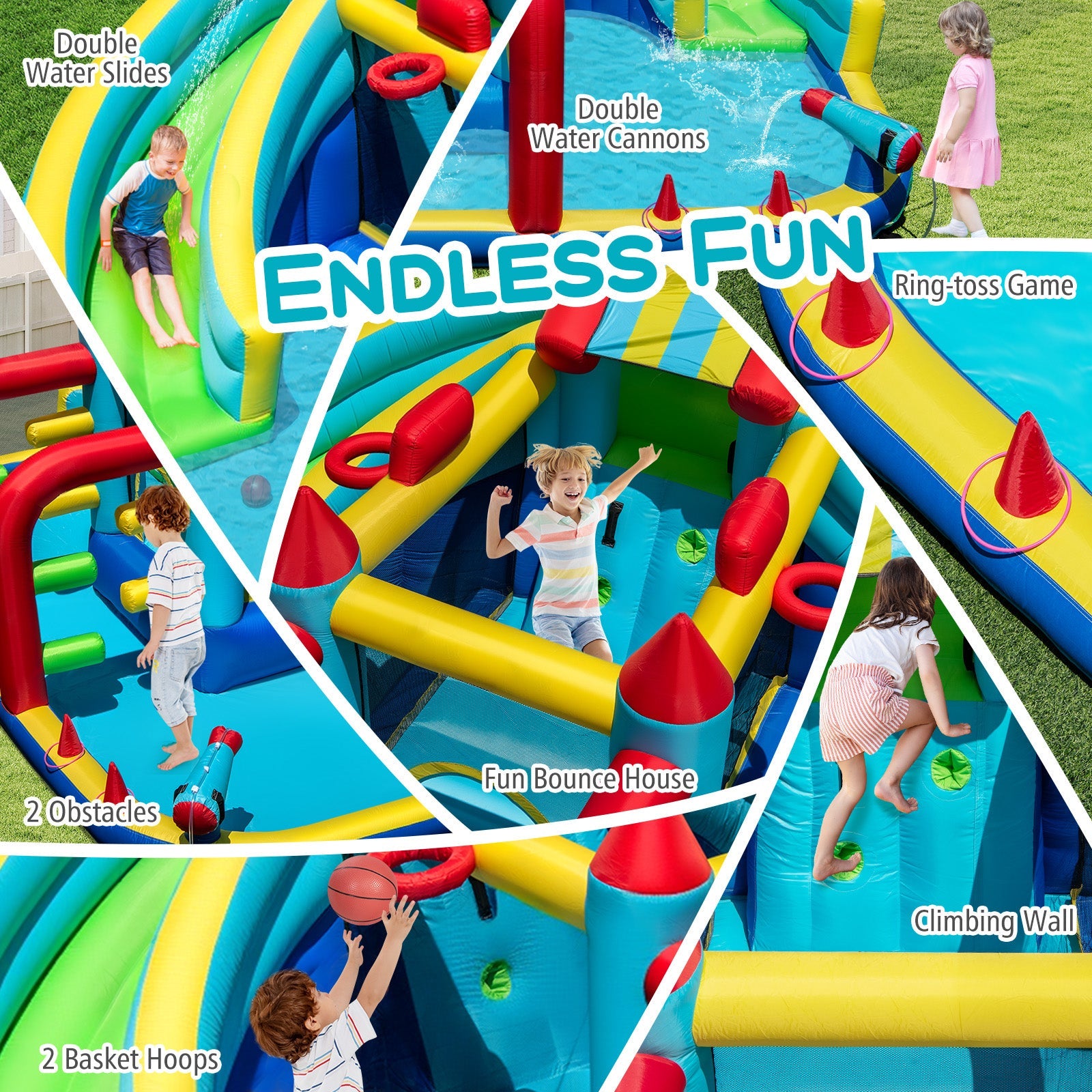 Costway Inflatable Double Water Slide Park Obstacle Course 680W Blower 18130534 New
