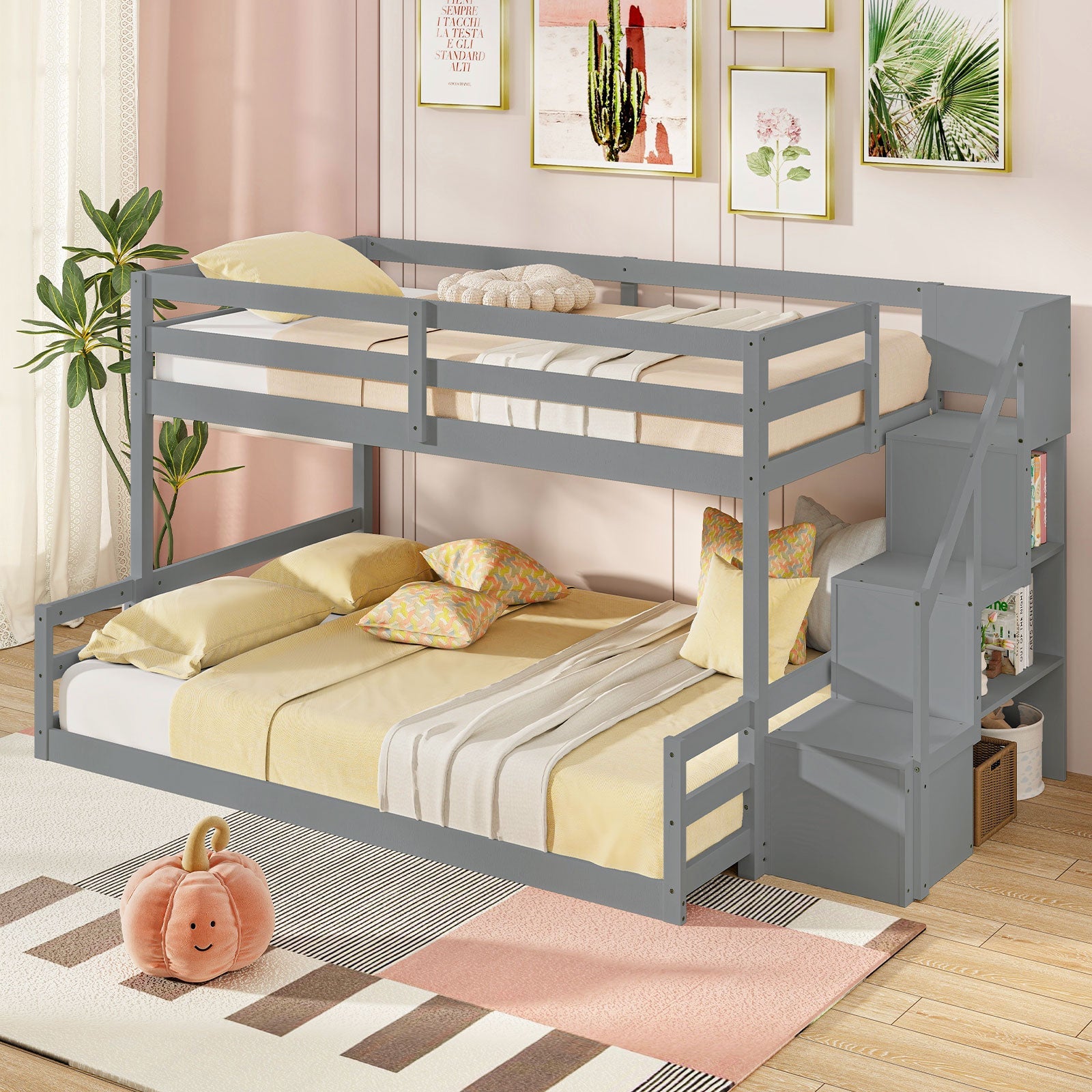 Costway Solid Wood Twin Over Full Low Bunk Bed w/ Storage Stairs 37692851 New