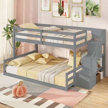 Costway Solid Wood Twin Over Full Low Bunk Bed w/ Storage Stairs 37692851 New