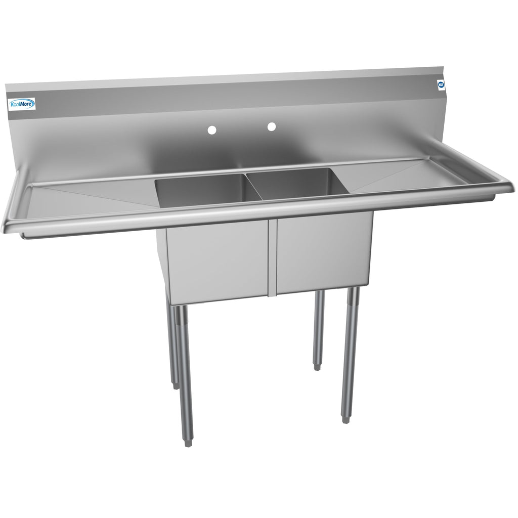 56 in. Two Compartment Stainless Steel Commercial Sink with 2 Drainboards, Bowl Size 12"x 16"x 10"