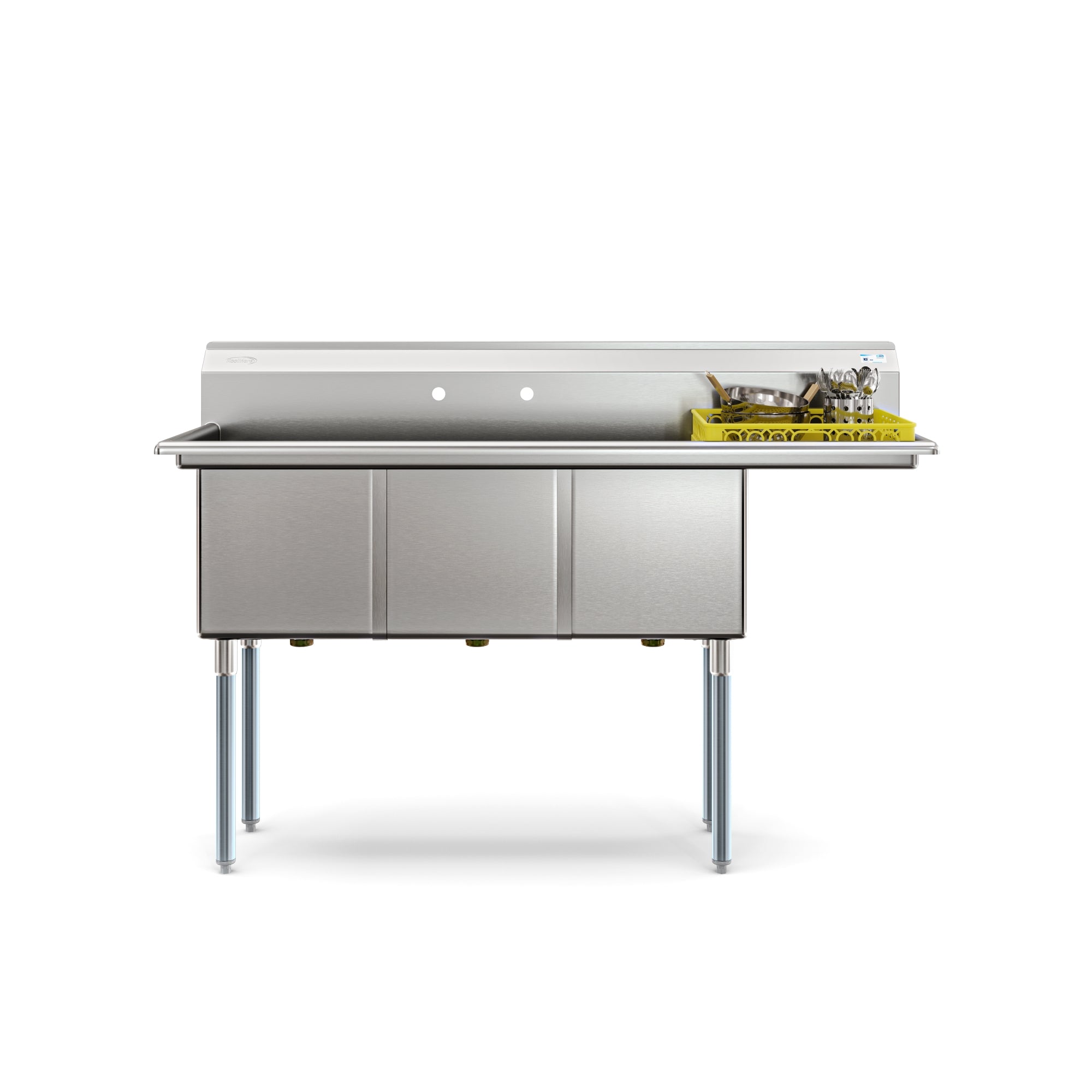 63 in. Three Compartment Commercial Sink, Bowl Size 15x15x14, 18-Gauge Stainless-Steel with Right Drainboard