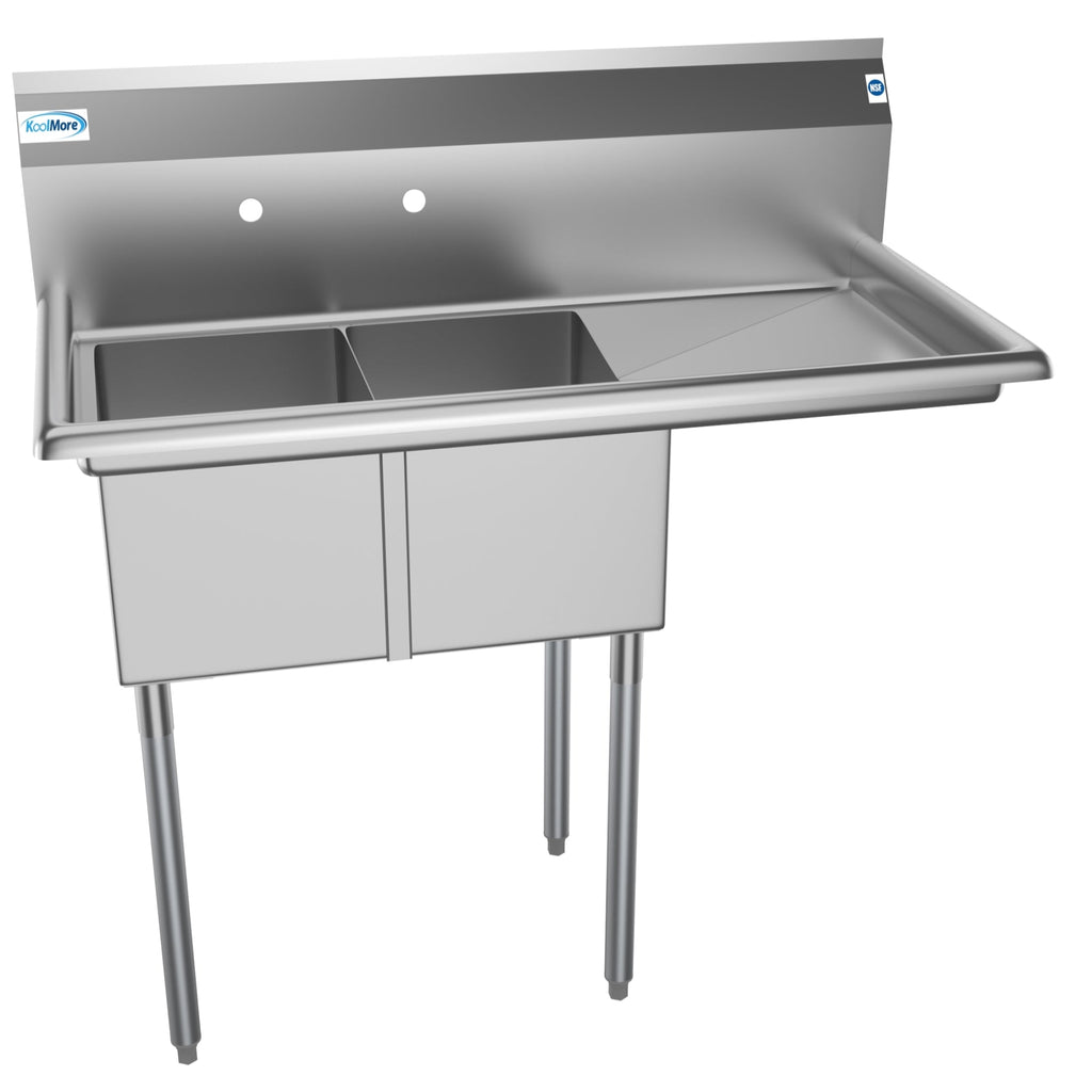 43 in. Two Compartment Stainless Steel Commercial Sink with Drainboard, Bowl Size 12"x 16"x 10"