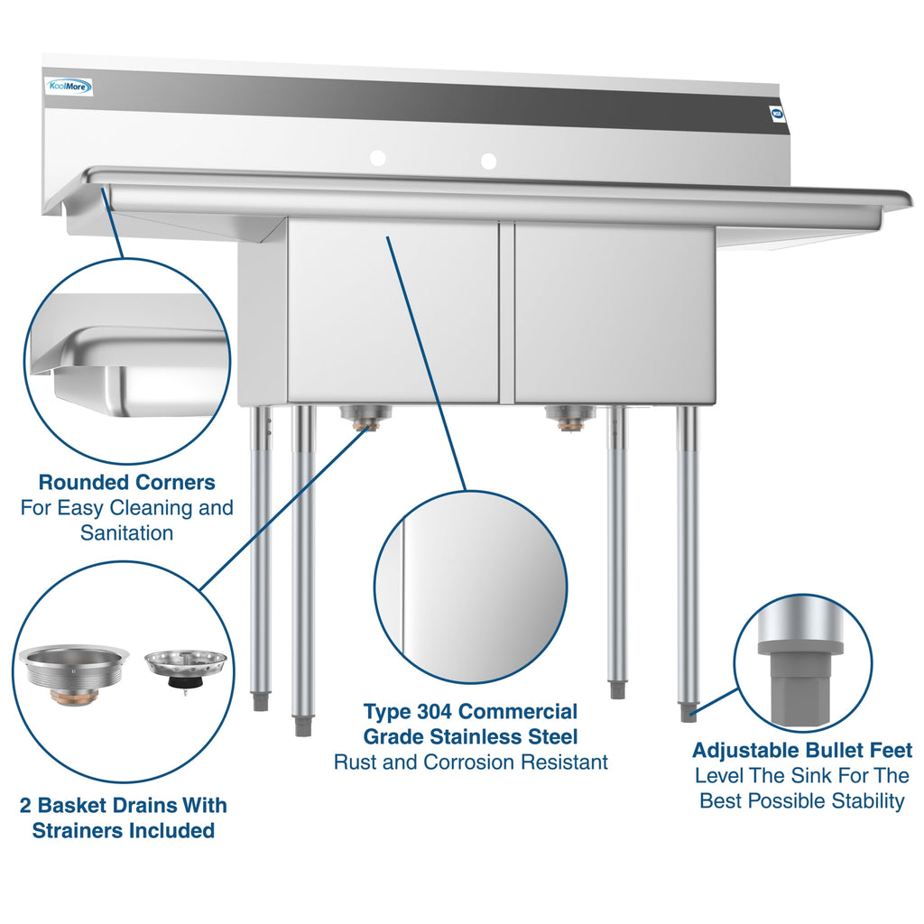 52 in. Two Compartment Stainless Steel Commercial Sink with 2 Drainboards, Bowl Size 14"x 16"x 11"