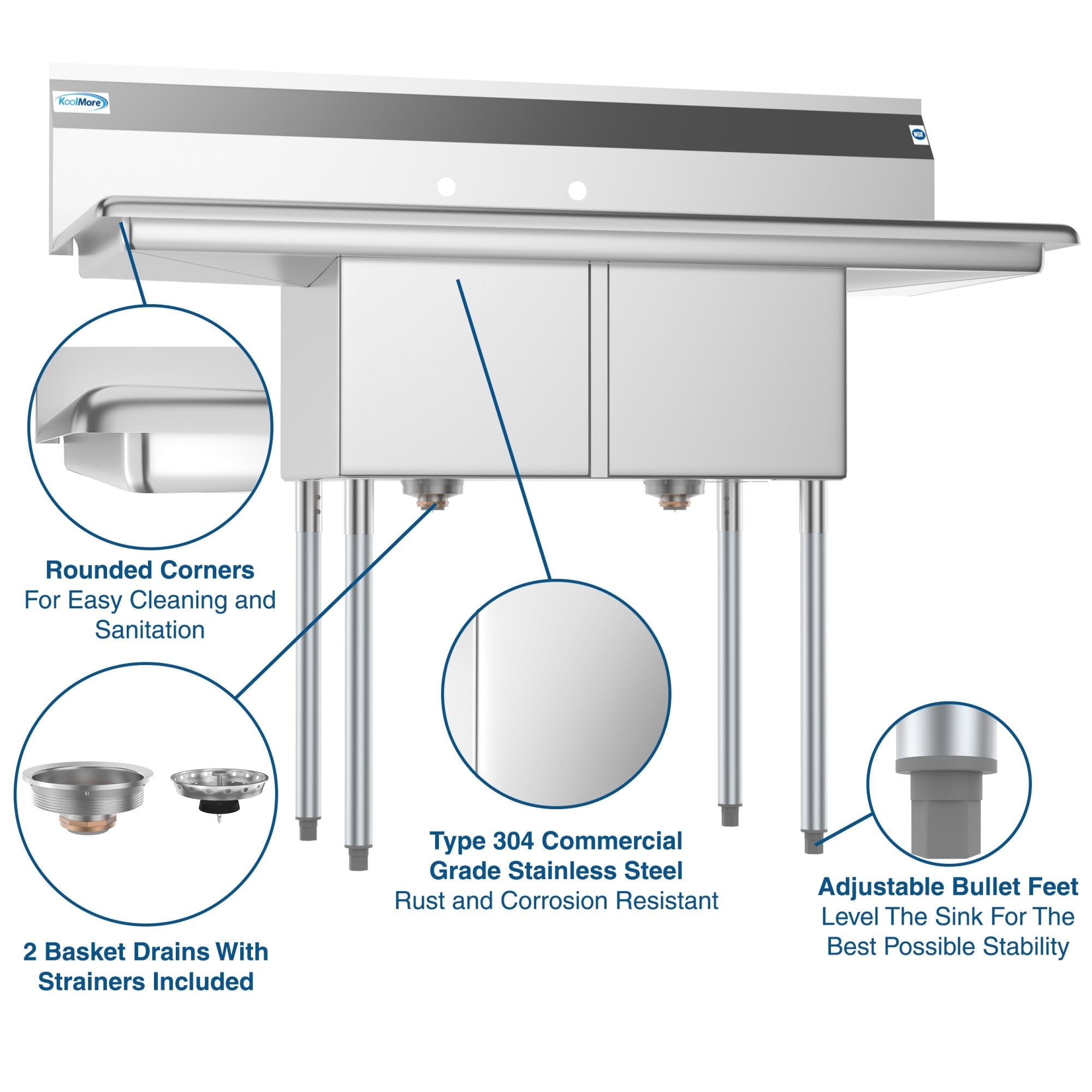 52 in. Two Compartment Stainless Steel Commercial Sink with 2 Drainboards, Bowl Size 14"x 16"x 11"