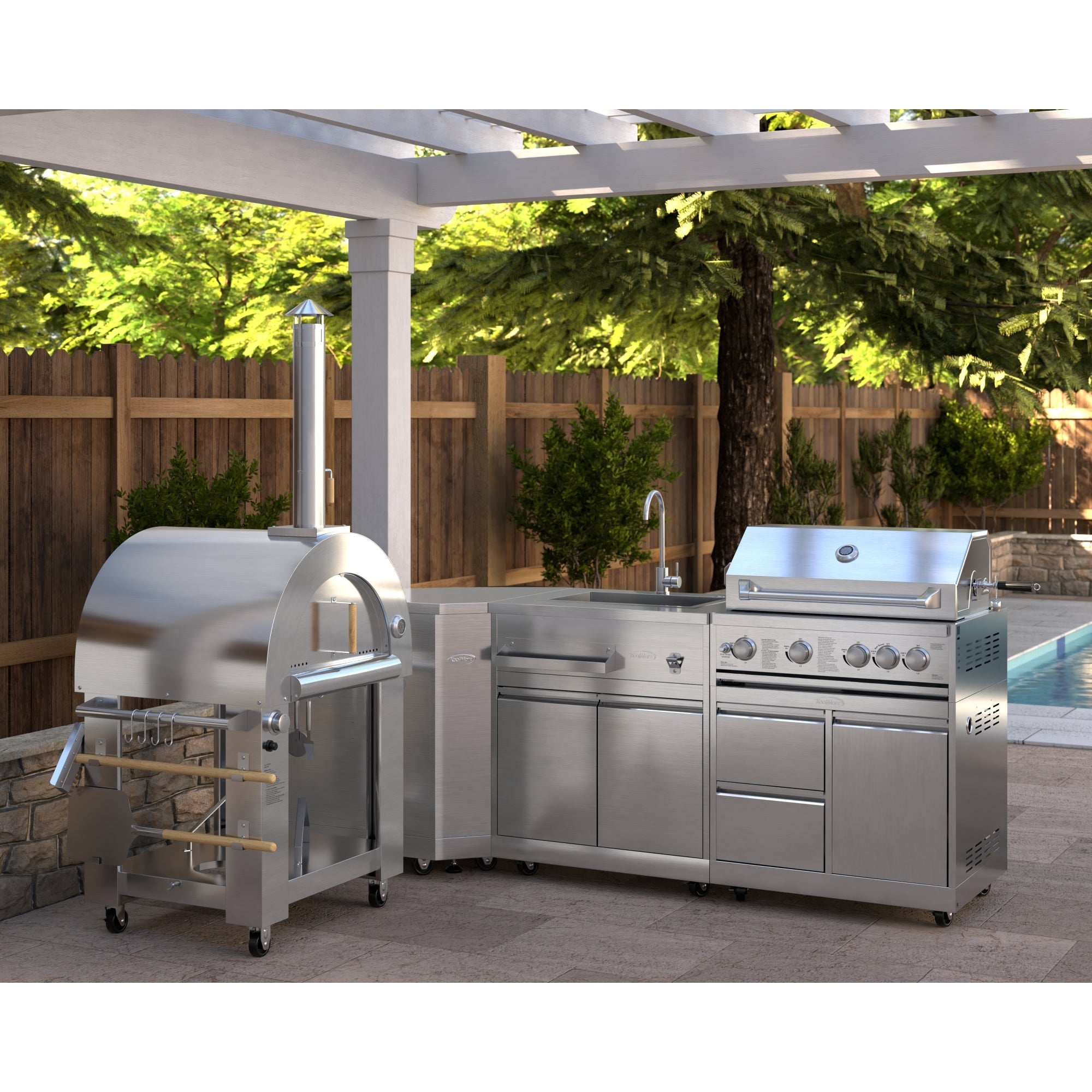 KoolMore Outdoor Kitchen Series Modular Kitchen with a Dual Fuel Pizza Oven, Corner Cabinet, Sink, 30 in. BBQ Grill and Cabinet in Stainless-Steel
