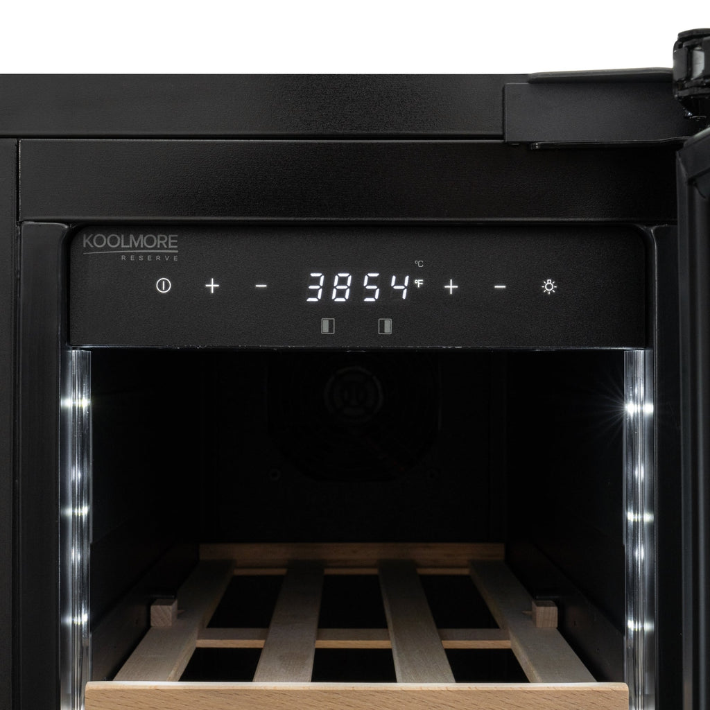 KoolMore Reserve 24 in. French Door Dual Zone Panel Ready Under-Counter Cooler with Wooden Shelves and 20 Bottle Capacity in the Right Zone and 2.1 Cu. Ft. on the Left in Black