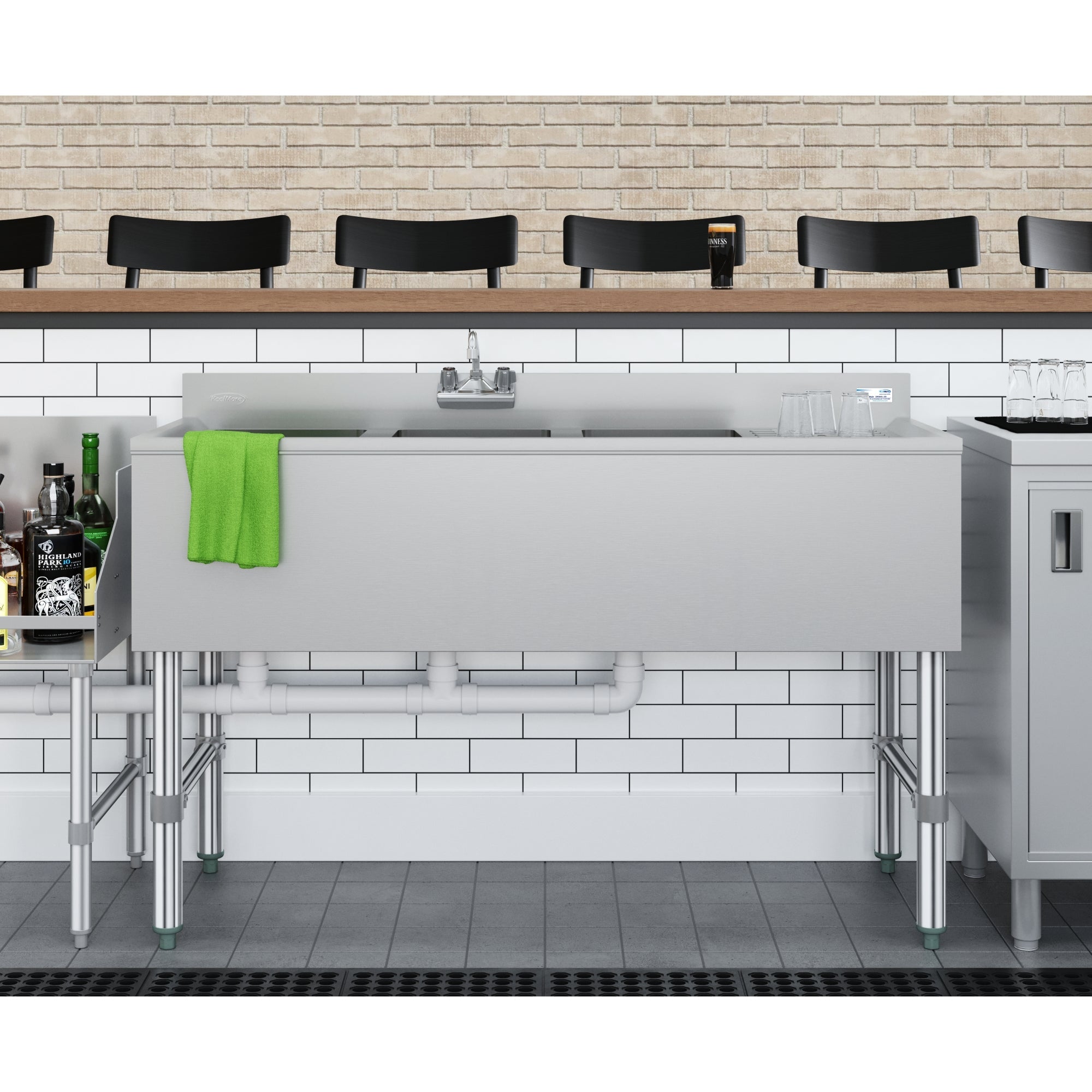 48 in. Three-Compartment Commercial Under-Bar Sink with 3 in. Backsplash, Right Drainboard and Low Lead Faucet, NSF Certified in Stainless Steel