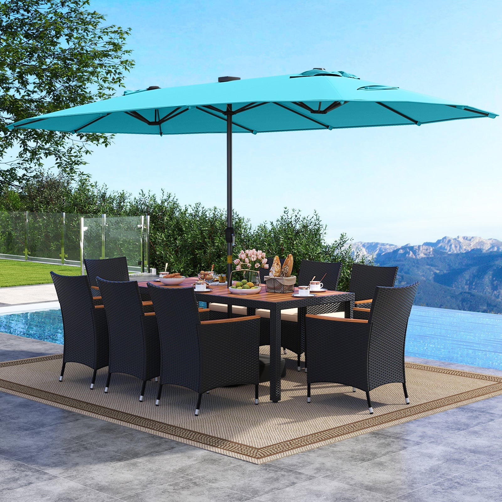 Costway 11-Pc Patio Dining Set LED Umbrella Base Cushions Beige 513627894 New