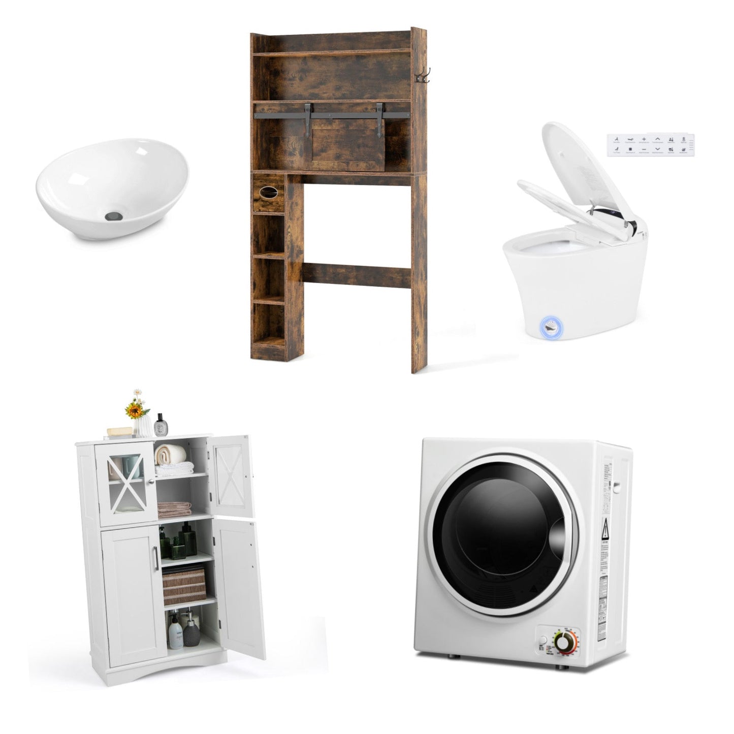 Costway 5-Piece Modern Bathroom Suite Over Toilet Cabinet Smart Bidet Oval Sink Floor Cabinet Clothes Dryer 51470384 New