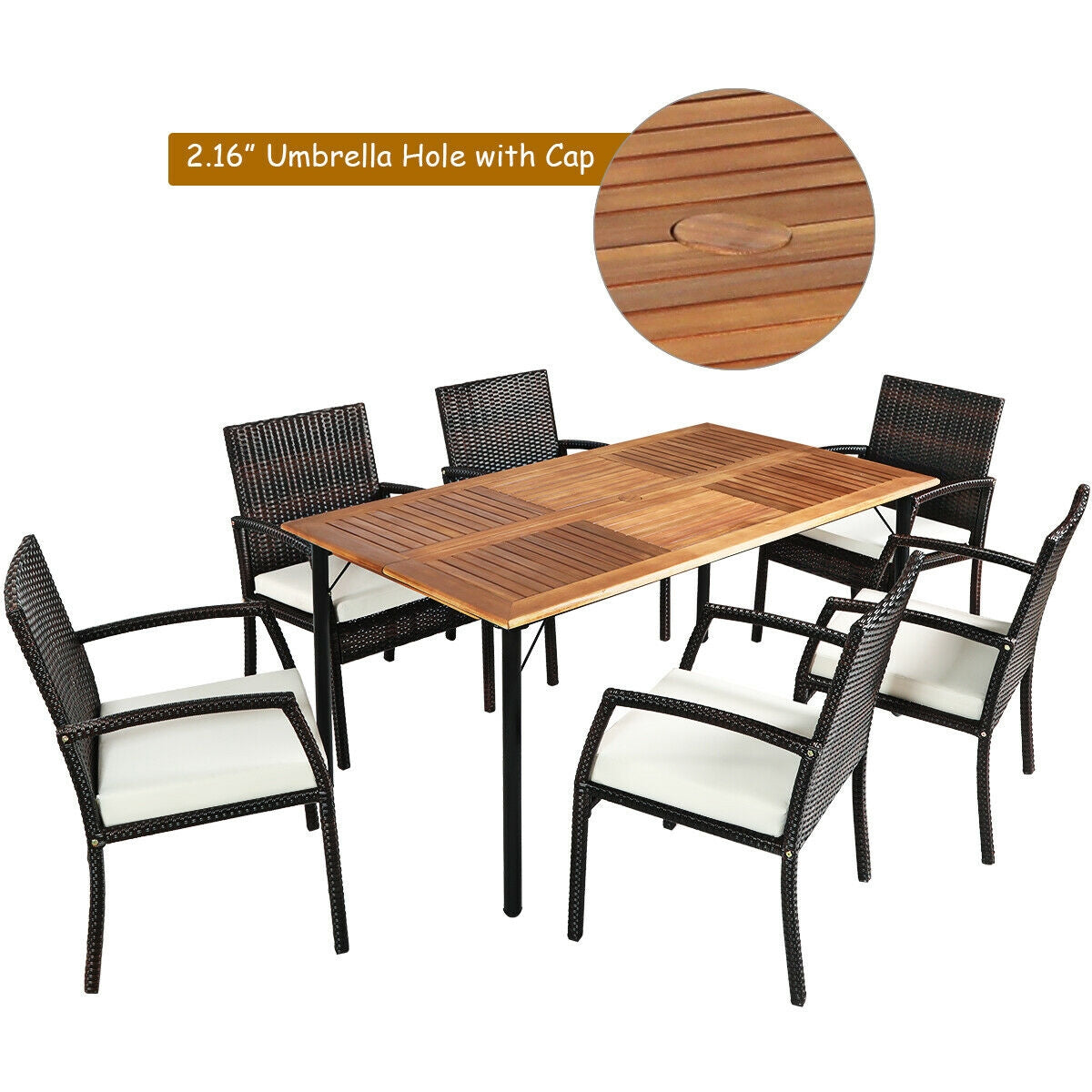 Costway 7-Pc Patio Rattan Cushioned Dining Set w/ Umbrella Hole 39746208 New