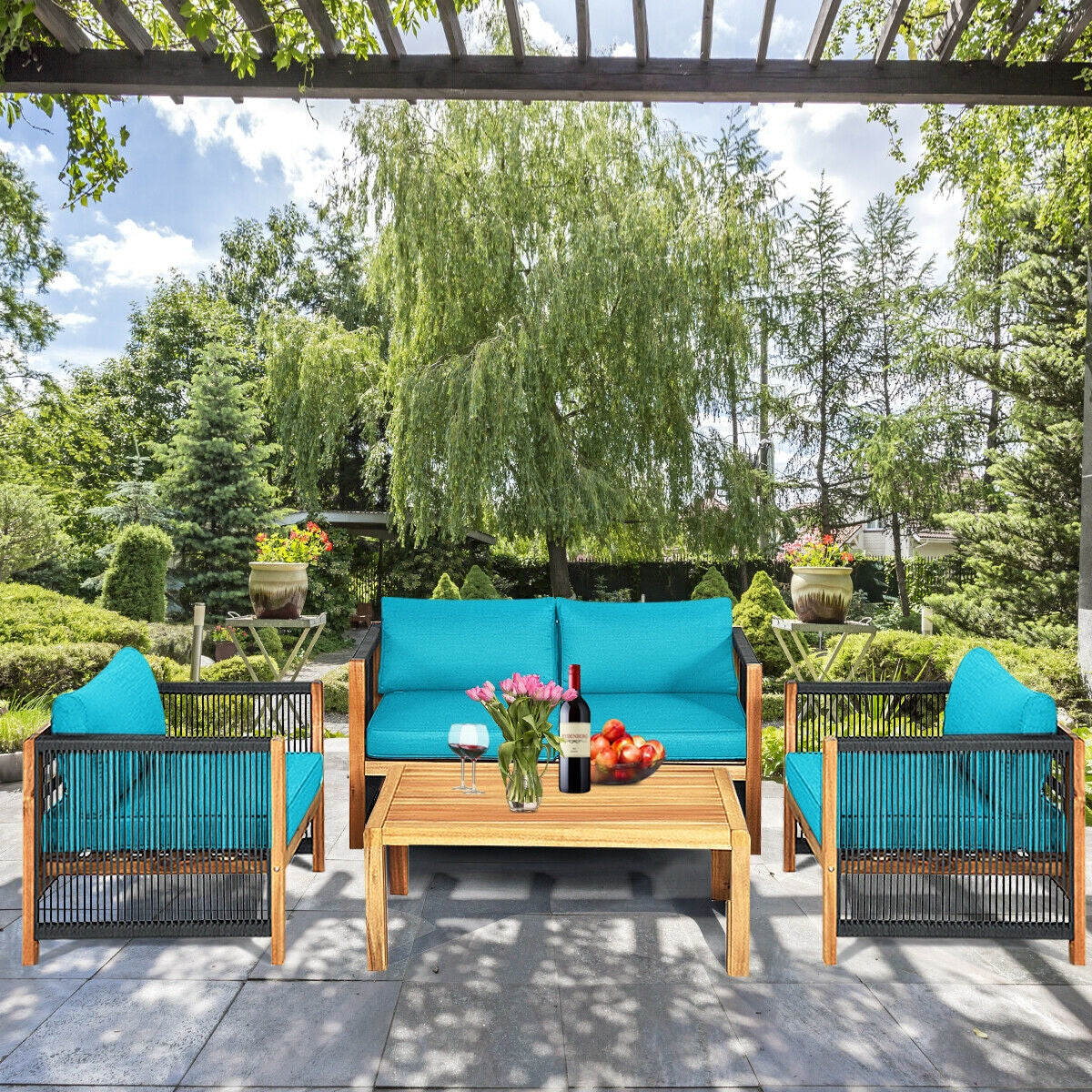 Costway 4-Piece Acacia Wood Outdoor Patio Sofa Set with Cushions 27630584 New