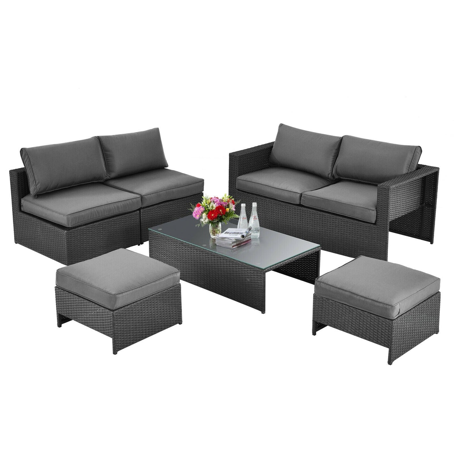 Costway 6-Piece Patio Rattan Sofa Furniture Set Glass Table Cushioned Gray 24567109 New