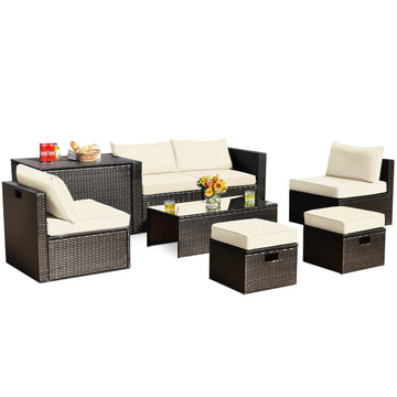 Costway 8-Pc Patio Rattan Sofa Furniture Set Storage Box White 26357819 New