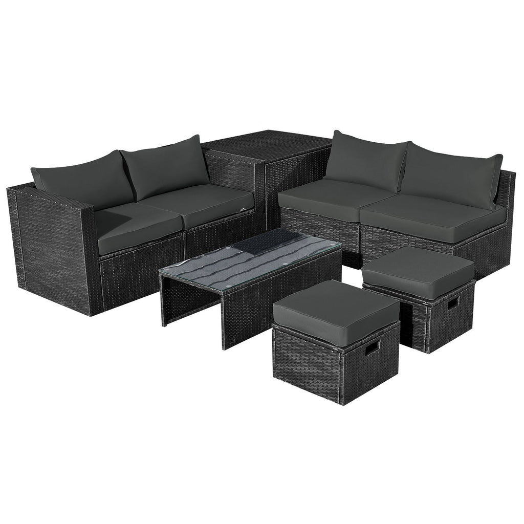 Costway 8-Piece Patio Rattan Furniture Set Storage Table Gray 60532897 New