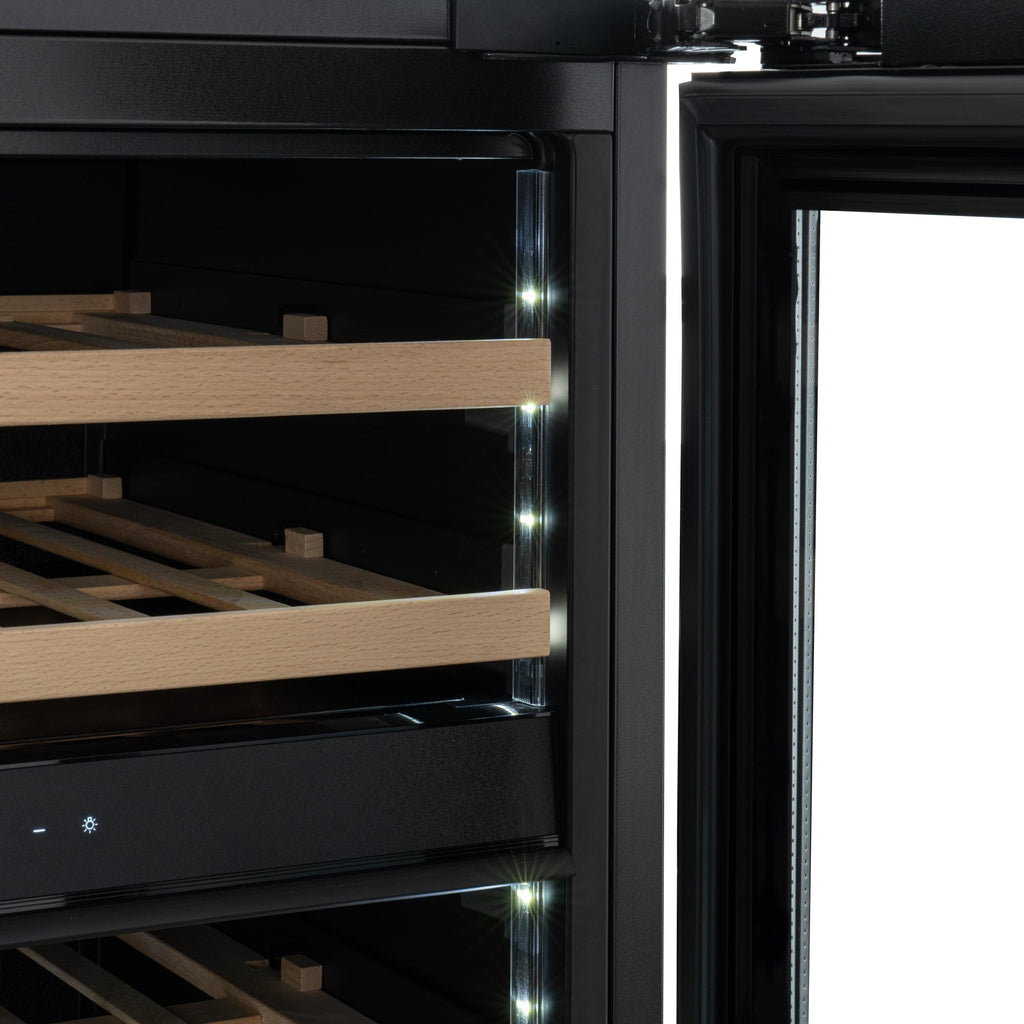 KoolMore Reserve 24 in. Under-Counter Panel Ready Dual Zone Built-in Wine Cooler with 45 Bottle Capacity and Wooden Shelves in Black