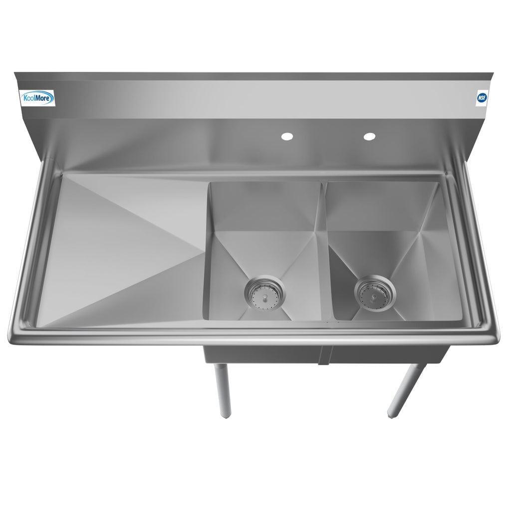 43 in. Two Compartment Stainless Steel Commercial Sink with Drainboard, Bowl Size 12"x 16"x 10"