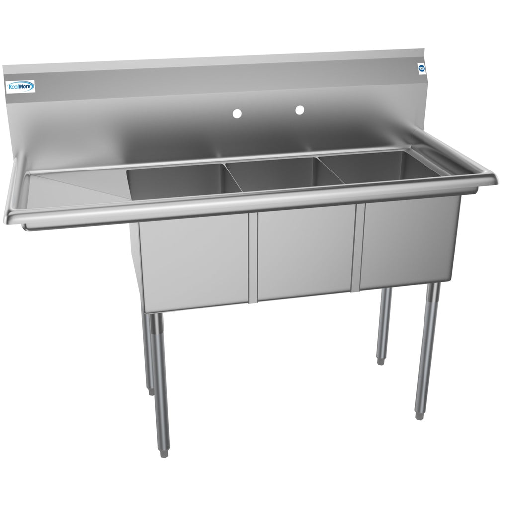 51 in. Three Compartment Stainless Steel Commercial Sink with Drainboard, Bowl Size 12"x 16"x 10"