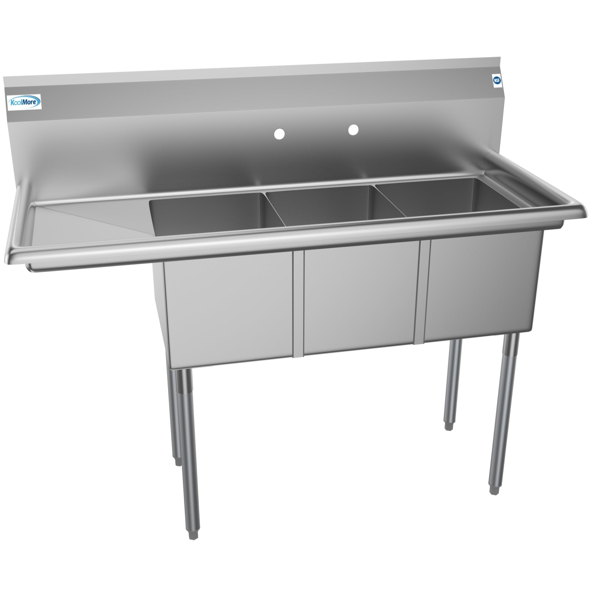 51 in. Three Compartment Stainless Steel Commercial Sink with Drainboard, Bowl Size 12"x 16"x 10"