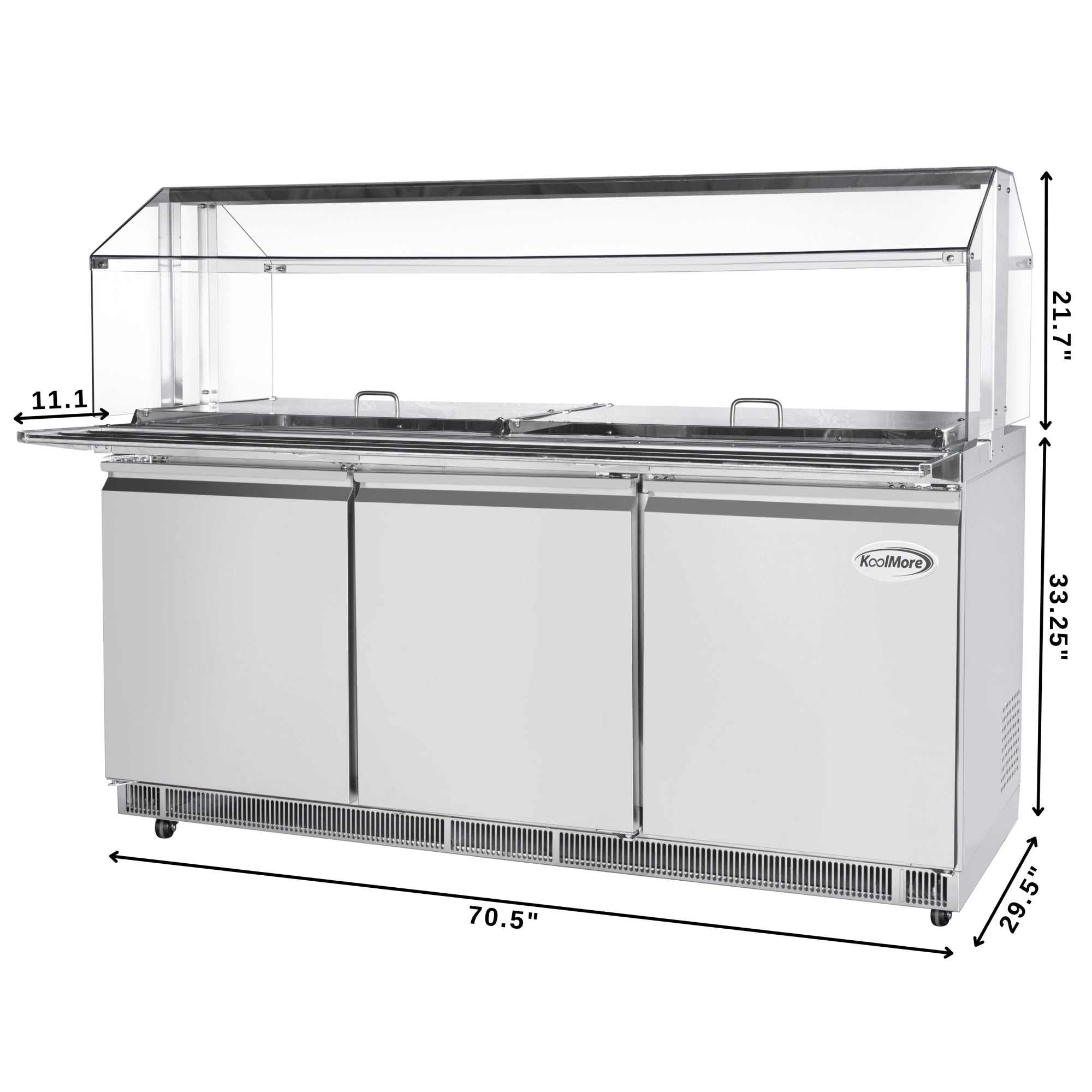 72 in. Commercial Refrigerated Prep Station with Sneeze Guard and Buffet Slide, 15-Pan (Not Included) Capacity and Three Adjustable Shelves in Stainless-Steel, ETL Listed