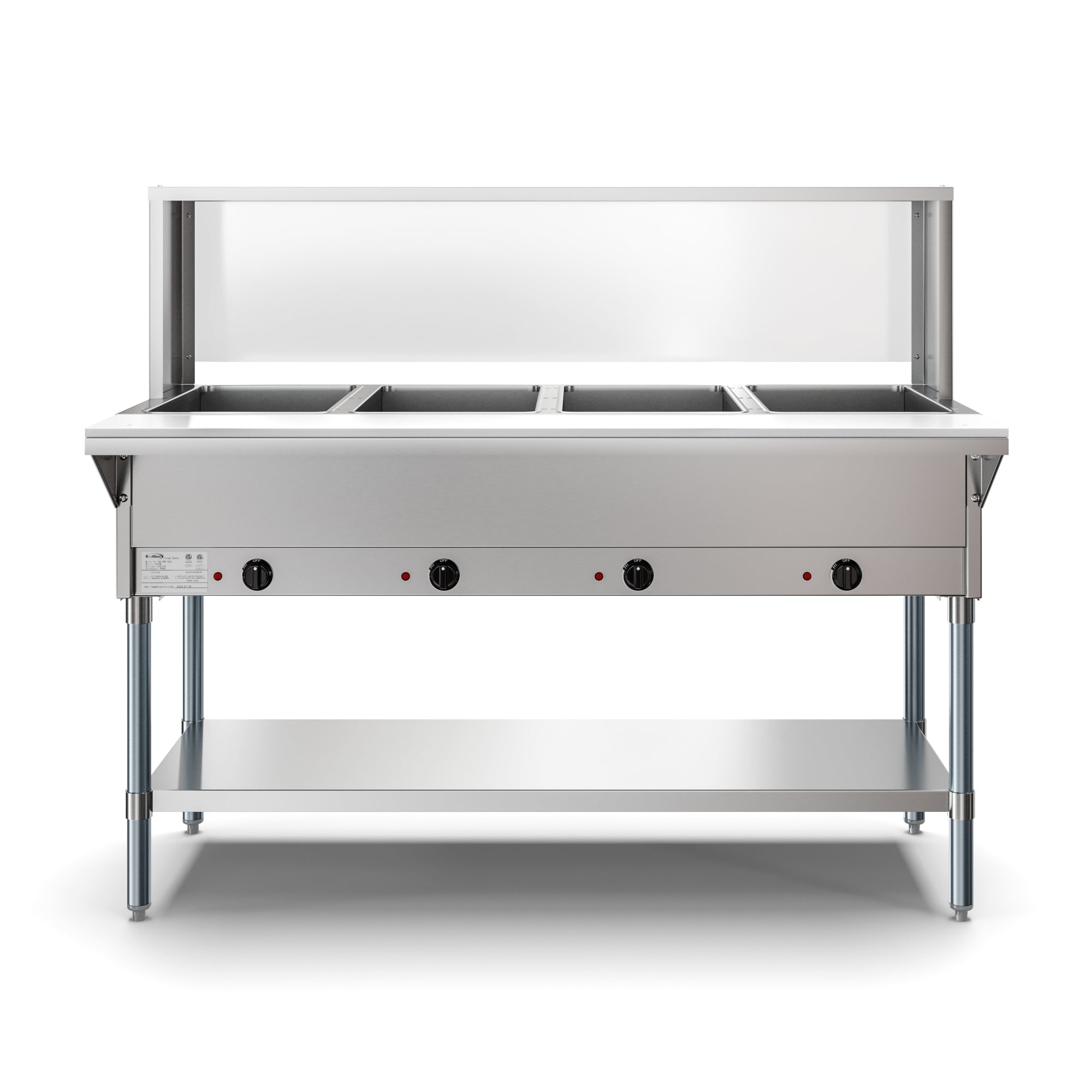 Four Pan Open Well Electric Steam Table with Undershelf and Sneeze-Guard