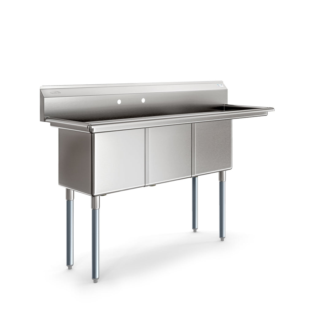 63 in. Three Compartment Commercial Sink, Bowl Size 15x15x14, Stainless-Steel 16 Gauge with Right Drainboard