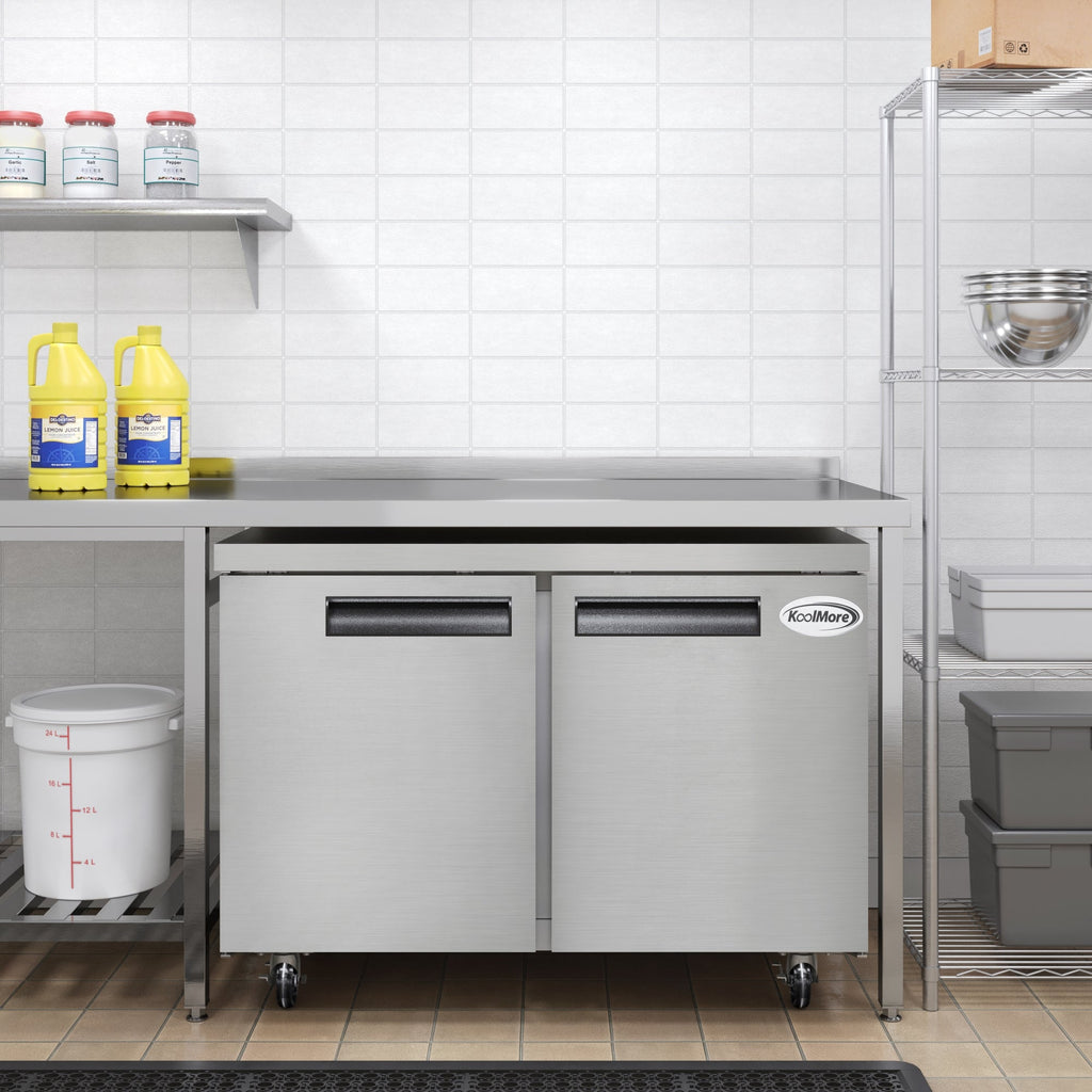 48 in. Two-Door Commercial Undercounter Freezer in Stainless Steel with Casters, ETL Listed