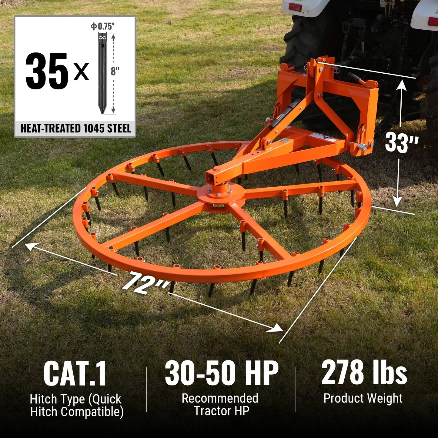 MechMaxx AHG72 Harrow Groomer 72" Arena Spin with 35 Tines Cat 1 3 Point Hitch Grooming Attachment New