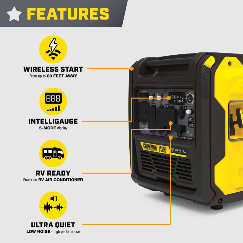 Champion 201537 6500W/8500W Generator Tri Fuel Gas Propane Natural Gas Inverter Low THD 50A CO Shield Remote Start New