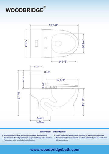 WOODBRIDGE T-0045 Toilet Modern Elongated with Soft Close Bidet Seat Dual Flush 1.1/1.6 GPF New