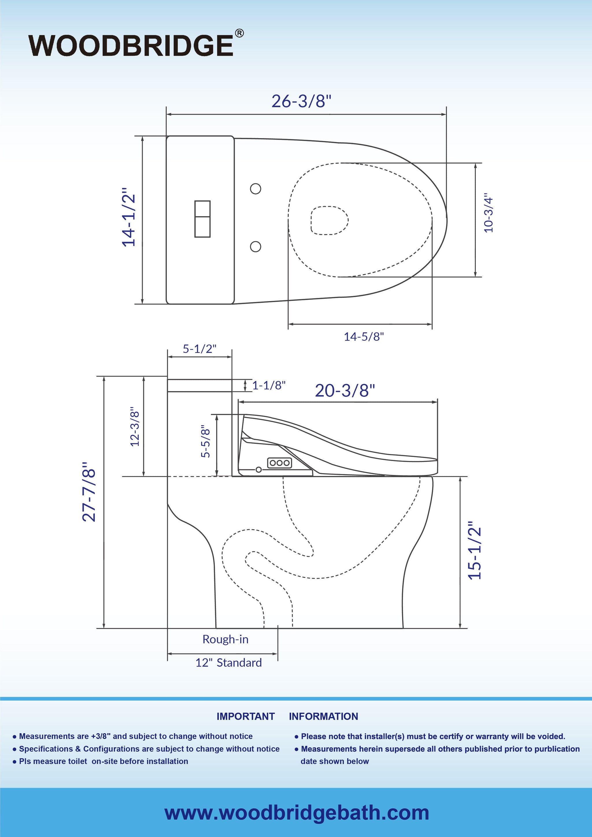 WOODBRIDGE T-0022 Luxury Toilet 1.28 GPF Elongated One Piece with Advanced Bidet Seat New