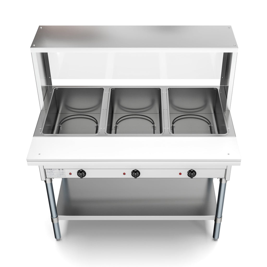 Three Pan Open Well Electric Steam Table with Undershelf and Sneeze-Guard