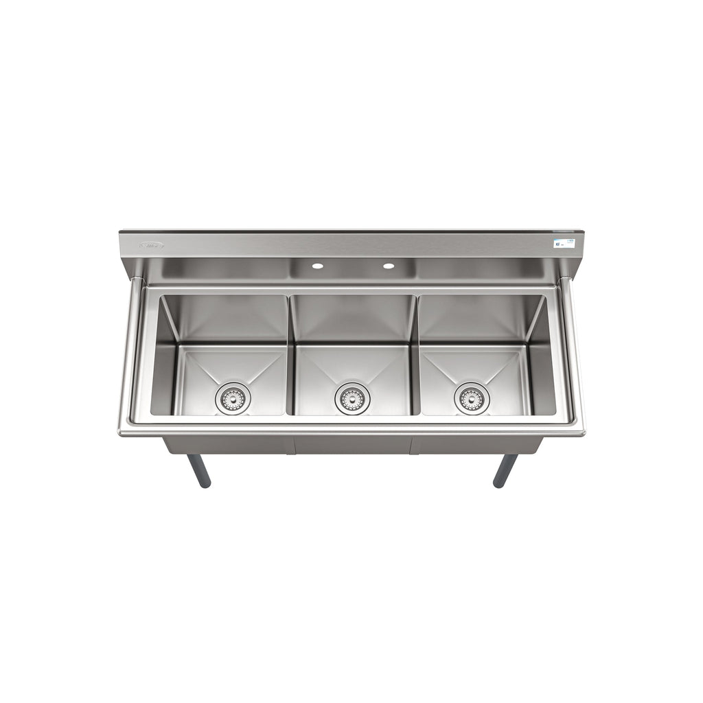 51 in. Three Compartment Commercial Sink, Bowl Size 15x15x14, 16 Gauge Stainless-Steel