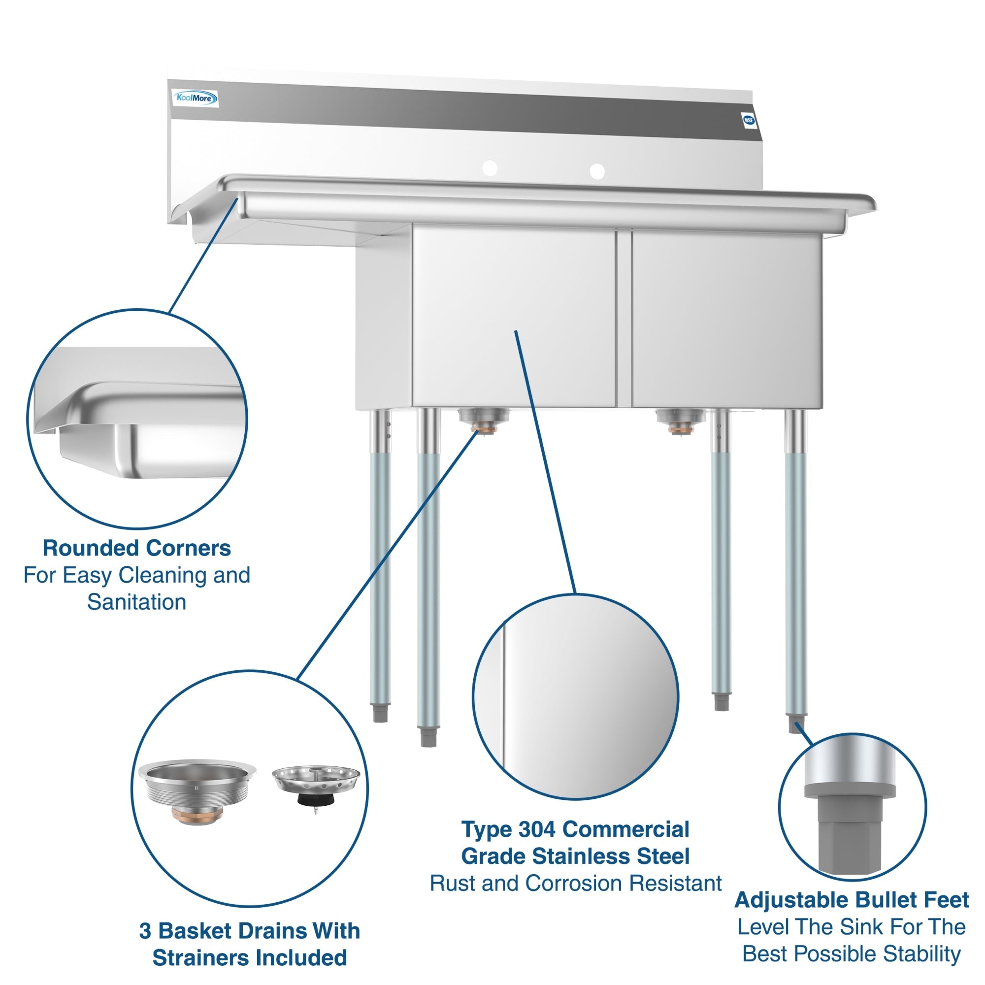 43 in. Two Compartment Stainless Steel Commercial Sink with Drainboard, Bowl Size 14"x 16"x 11"