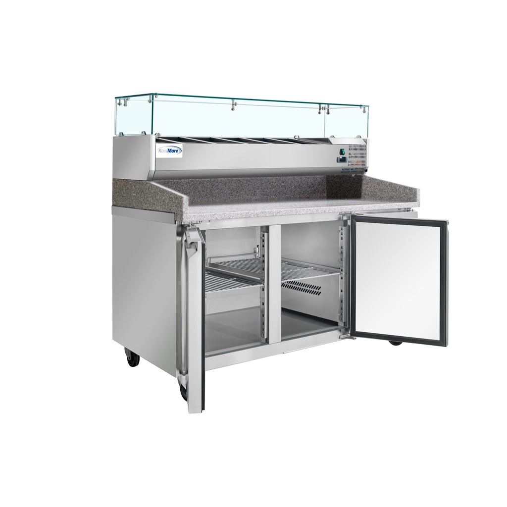 59 in. Commercial Refrigerated Granite Top Pizza Prep Station with Stainless Steel Refrigerated Condiment Pan Holder