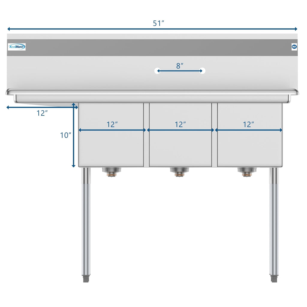 51 in. Three Compartment Stainless Steel Commercial Sink with Drainboard, Bowl Size 12"x 16"x 10"
