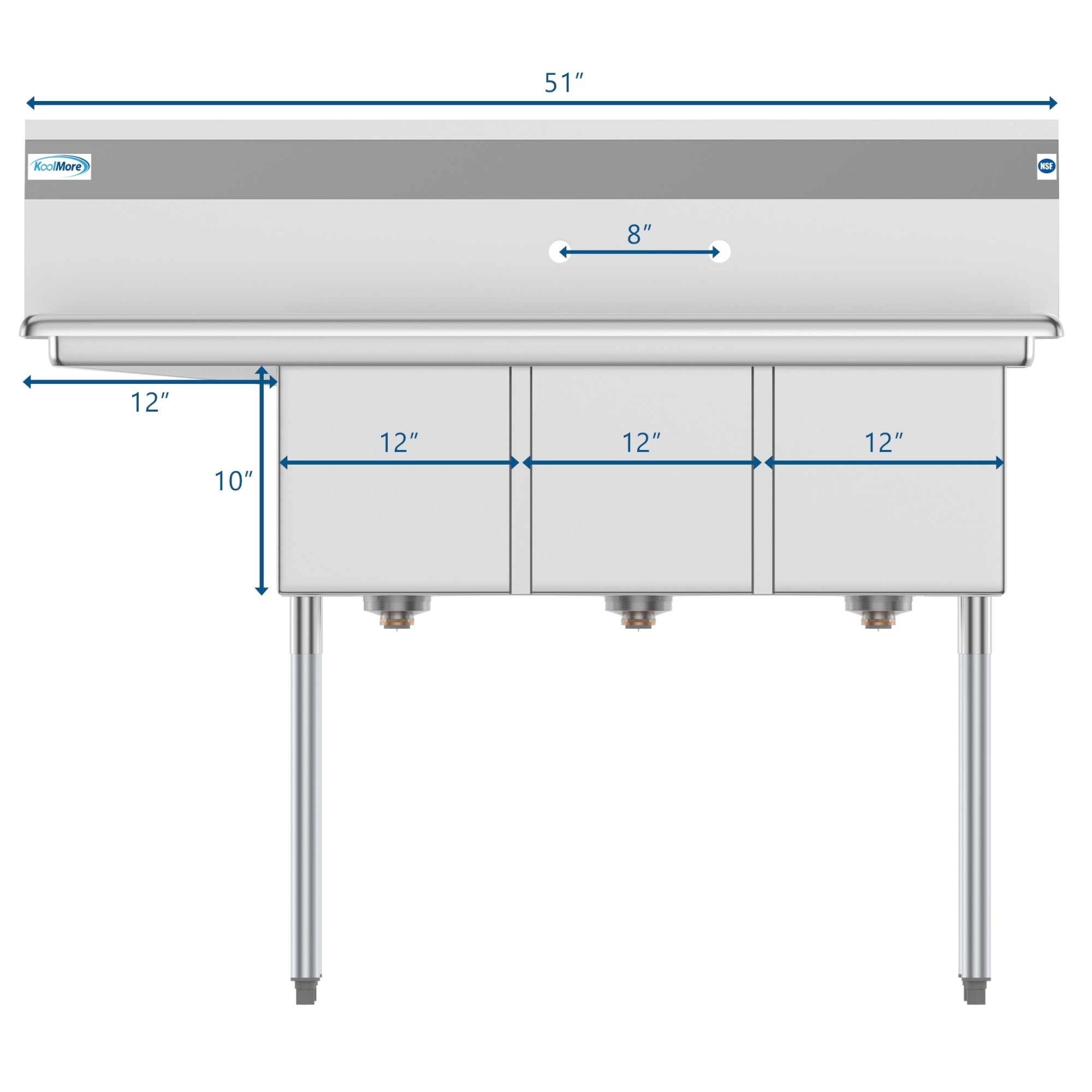 51 in. Three Compartment Stainless Steel Commercial Sink with Drainboard, Bowl Size 12"x 16"x 10"